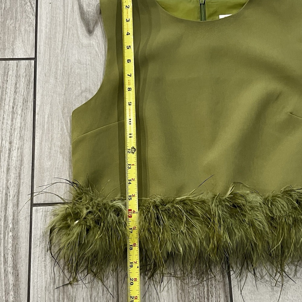 La'Ros Feather Trim Crop Top Women Medium Olive Green Excellent Sleeveless Glam - Picture 4 of 7